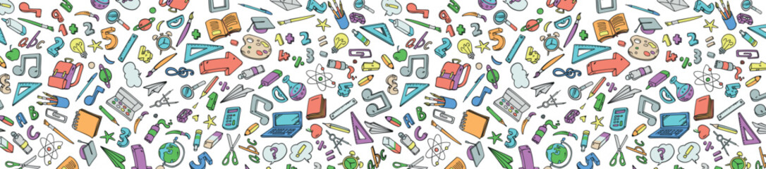 Horizontal Background with Hand Drawn School Doodles. vector illustration