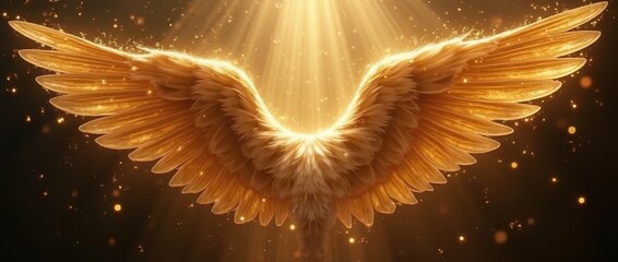Majestic angelic wings with shimmering golden feathers, partially spread, illuminated by soft cascading light rays on a dark background
