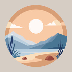 Serene mountain lake landscape with sun and clouds in a circular frame