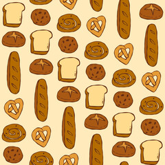 Seamless bakery pattern with various hand drawn breads and pastries including croissants, pretzels, cinnamon rolls, cookies, and cake slices. Perfect for food packaging, bakery branding, or cute kitch