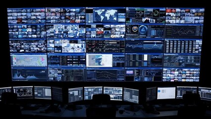 A wall of monitors displaying various data graphs and video feeds