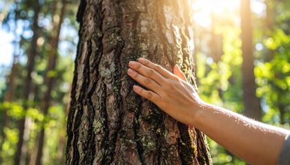 A person's hand gently touching a tree trunk in the forest, bathed in warm sunlight. The texture of the bark is prominent, creating a connection with nature