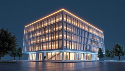 Fototapeta premium An illuminated modern office building with a futuristic look at twilight