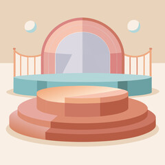 Minimalist geometric stage with pastel colors and podiums for product display