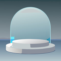 Empty white podium under a glass dome with blue liquid surrounding the base