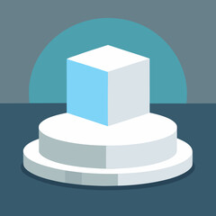 Minimalist geometric cube on a white tiered platform with a teal semi circle background
