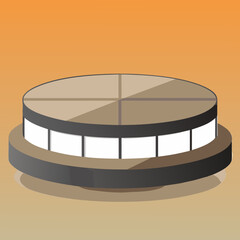 Modern circular building with large windows and a flat roof divided into sections