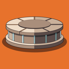 Modern circular building with glass windows and a flat roof on an orange background