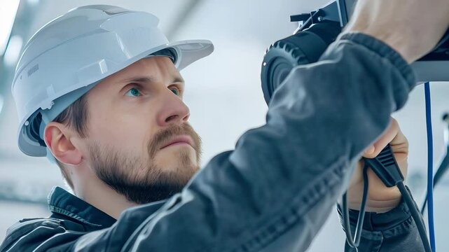 Electrician worker wearing protective helmet and gloves using power tool for electrical installation and security camera setup indoors construction