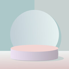 Minimalist pastel pink podium with a soft blue circular backdrop and light blue background