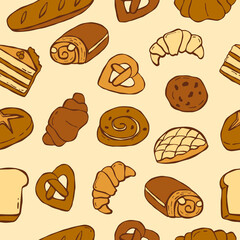 Seamless bakery pattern with various hand drawn breads and pastries including croissants, pretzels, cinnamon rolls, cookies, and cake slices. Perfect for food packaging, bakery branding, or cute kitch