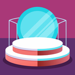 Modern minimalist stage with a large circular mirror and podium