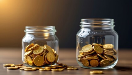 Two glass jars filled with golden coins, representing savings and financial growth