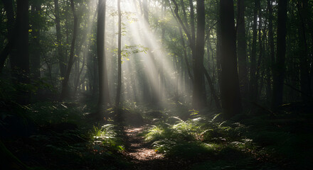 Fototapeta premium Sunbeams piercing through the dense forest canopy in summer