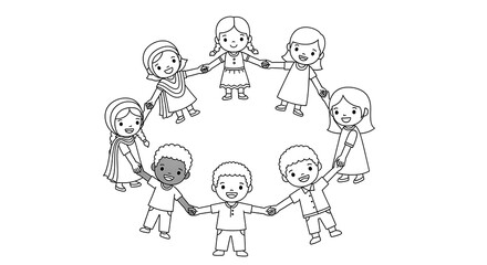 Diverse group of happy children holding hands in a circle isolated on transparent background