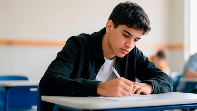 Joven estudiante var&oacute;n latino, realizando un examen de conocimientos en sal&oacute;n de clases