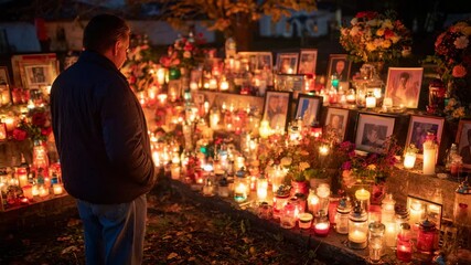 Man Reflecting on All Saints Day Surrounded by Glowing Candles