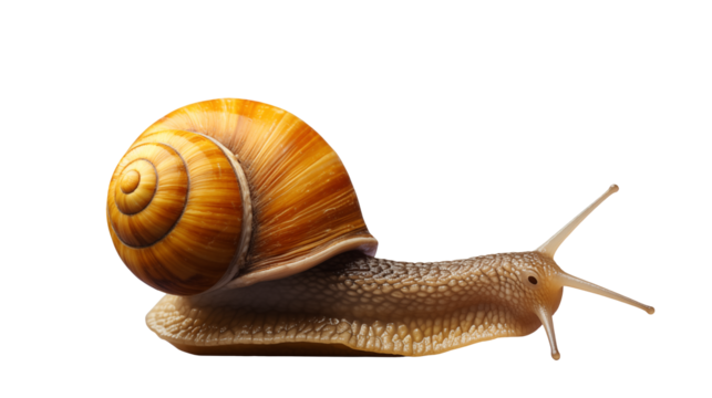 A detailed view of a land snail with a spiral shell  isolated on transparent background