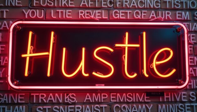 Illuminated hustle neon sign against a brick wall. A visual representation of work ethic and determination - Powered by Adobe