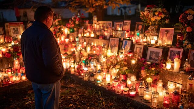 Man Reflecting on All Saints Day Surrounded by Glowing Candles