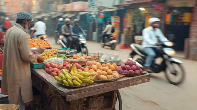 A street vendor preparing food at a busy market, colorful fruits and vegetables surrounding the cart, people in motion in the background