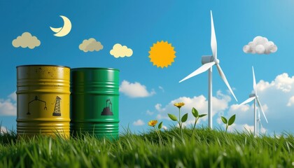 Wind turbine and trashcan on grass field with clear blue sky. Emphasizing sustainable energy and environmental conservation.