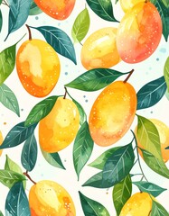 Obraz premium Vibrant Watercolor Mango Pattern: Seamless Repeating Tropical Fruit Design with Lush Green Leaves, Bright Orange & Yellow Hues. Perfect for Summer, Food & Exotic Themes