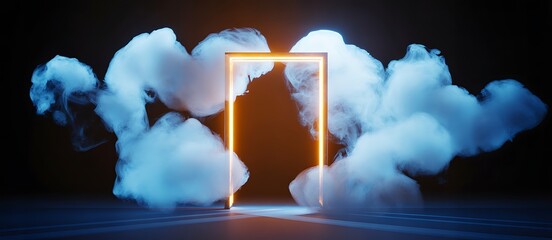 Neon Gateway: Abstract Portal in Mystical Cloudscape - 3D Render