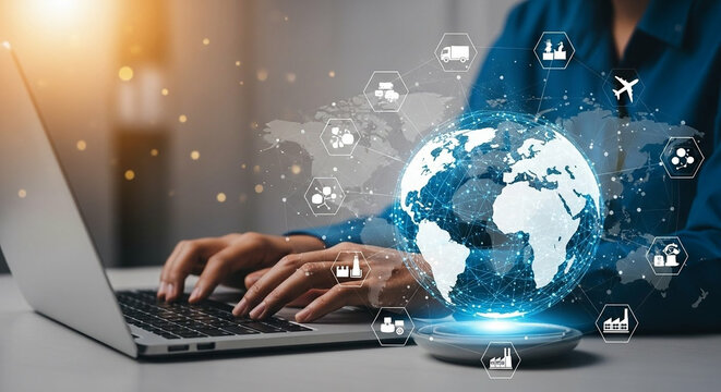 Person using laptop with global network and logistics icons overlay