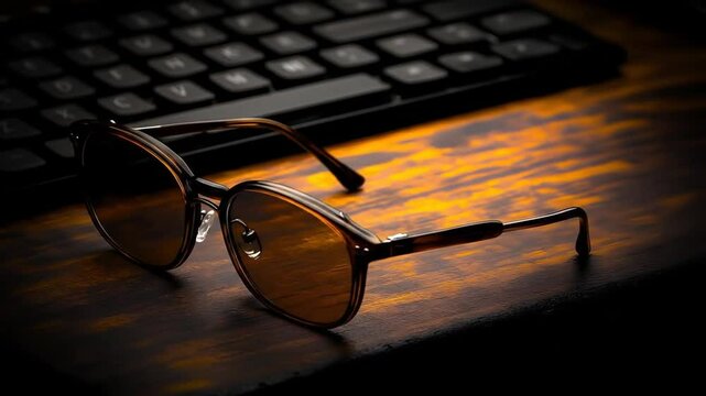 Stylish sunglasses resting on a wooden surface in front of a keyboard.  Dark amber lenses and tortoise-shell frames.  Studio lighting creates a warm, inviting atmosphere