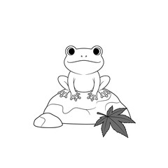 Cute cartoon frog sitting on a rock with a red maple leaf isolated on transparent background