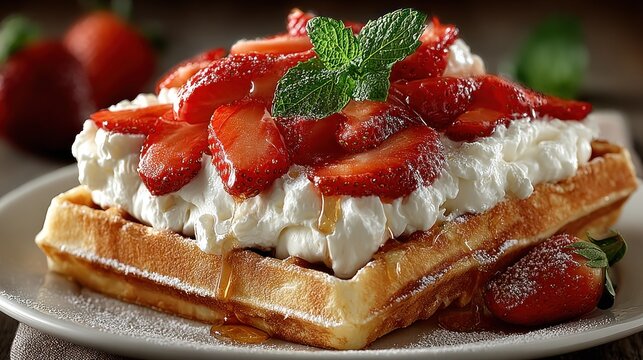 Delicious waffles with strawberries and whipped cream