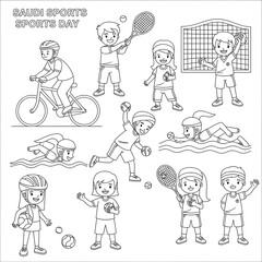 Children enjoying various sports activities on saudi sports day isolated on transparent background
