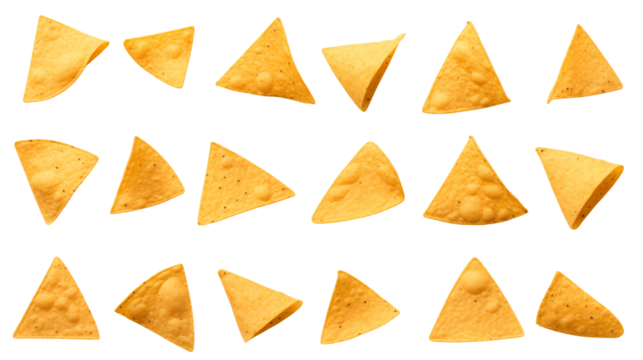 Golden tortilla chips isolated on transparent background create a tasty food pattern - Powered by Adobe
