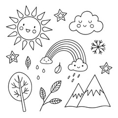 Charming hand drawn doodle elements featuring a smiling sun rainbow with clouds stars mountains leaves rain and snowflake
