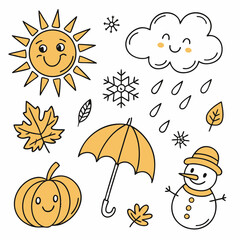 Fototapeta premium Collection of cute hand drawn weather icons and seasonal elements including sun cloud rain snowflakes leaves pumpkin umbrella and snowman