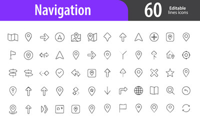 Navigation Line Icons, Compass, Location Pin, Map Route, GPS Arrow, Destination Marker, Editable Formats: AI, EPS, PNG, JPG, Ideal for Both Digital and Print Use
