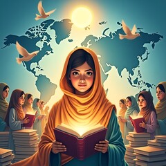 Empower Through Education Illustration for Malala Day – Inspirational Girl with Book, Doves, and Malala Portrait

