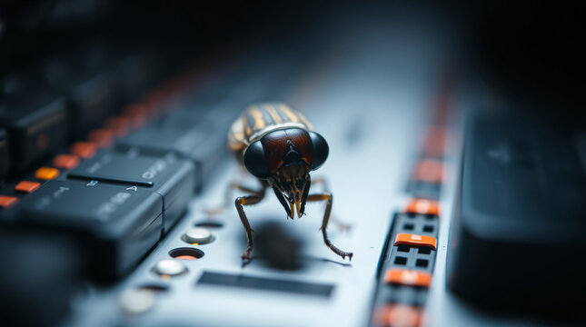 A close-up of an insect on a circuit board, blending nature and technology.