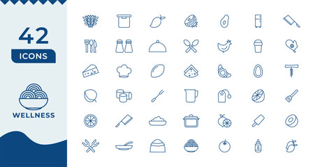 Wellness Line Icons set. Thin line modern style of health related icons Burger sandwich pizza hot dog cola coffee sweets, and more.