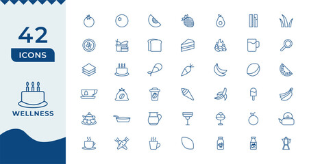 Wellness Line Icons set. Thin line modern style of health related icons Burger sandwich pizza hot dog cola coffee sweets, and more.