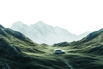Car Driving Through a Mountain Valley Isolated on White Background, Depth of Field
