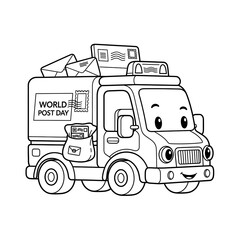 Cute cartoon mail truck with letters and stamps isolated on transparent background