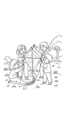 Four children in traditional clothing working together to fly a kite isolated on transparent background