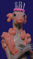 Surreal creature with birthday candle crown pink melted texture bizarre character art concept weird sculpture absurd humor dark editorial contemporary design horror parody uncanny editorial background