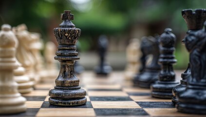 Close-up of a detailed black chess queen piece on a chessboard with other chess pieces blurred in the background outdoors in natural daylight