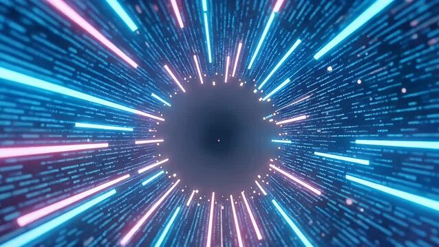 Digital tunnel with glowing blue and pink lines radiating outwards