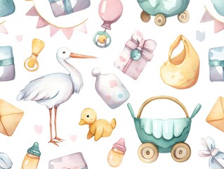 Watercolor hand painted newborn boy seamless pattern with cute sleeping baby, bow, clouds. Design for baby shower, textile, nursery decor, children decoration