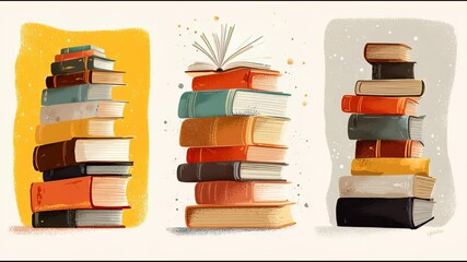 World book day. Various books. Stack of books, books standing vertical isolated on a white background. Set of three hand drawn educational - Powered by Adobe