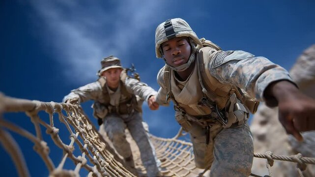 A soldier assists a fellow soldier onto a cargo net climb